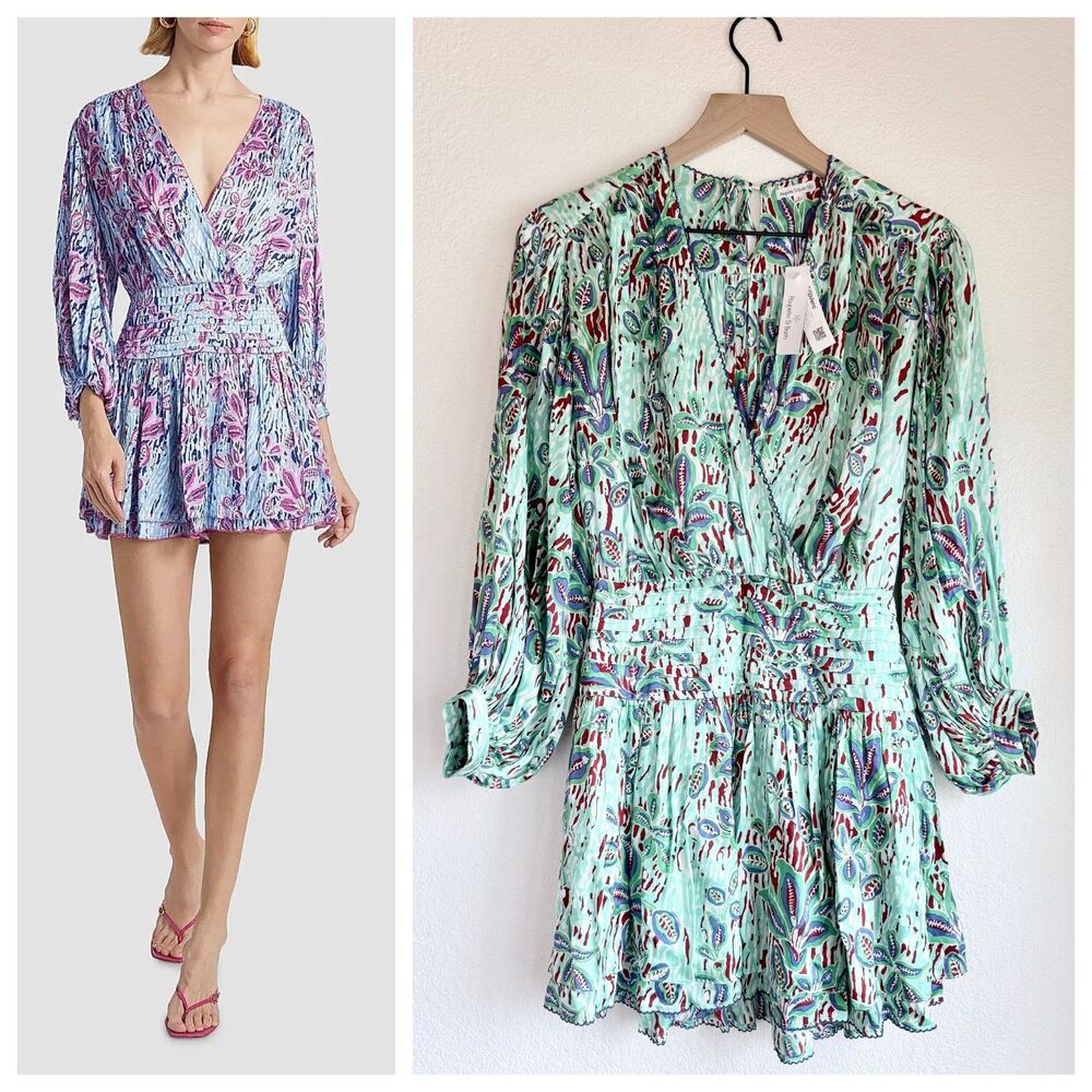 NWT Poupette St Barth Colleen Long Sleeve Mini Dress Mint Exotic Forest Small S